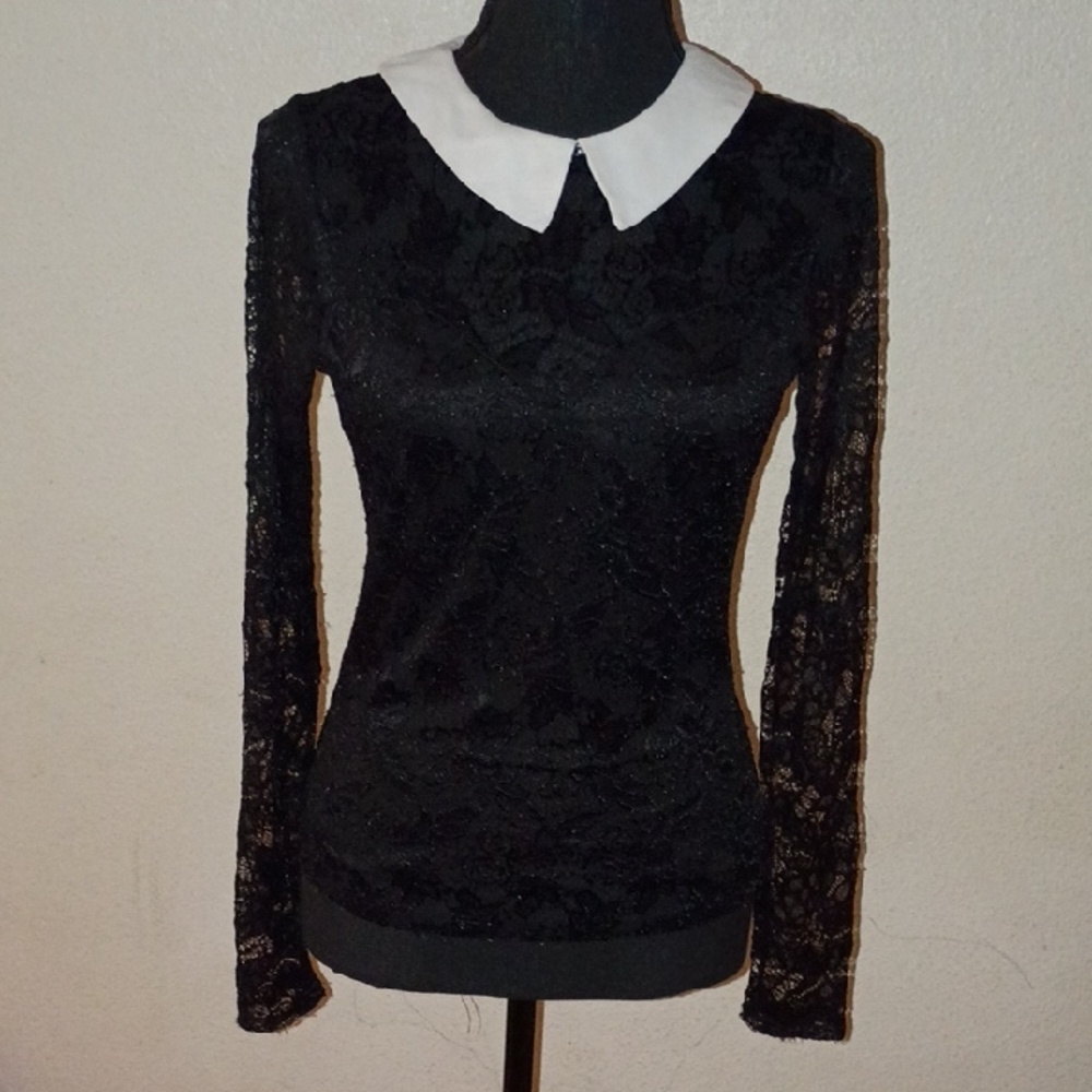 Charlotte Russe Black Lace Blouse with White Collar